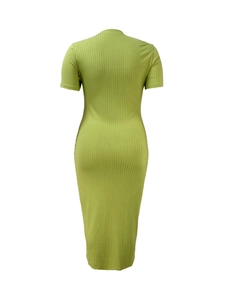 Detail view of avocado green ribbed knit dress featuring a slim fit and maxi length