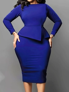 Detail of royal blue bodycon dress with peplum waist and long sleeves in elegant slim fit