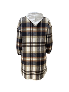 Back view of a long plaid hooded shirt jacket with brown and blue checked pattern