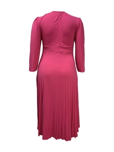 Detail of elegant rose red pleated dress with high waist cut and invisible back zipper