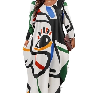 Women's maxi loose dress with abstract face print and pockets in high saturation colors