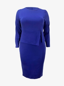 Close-up of royal blue slim fit dress with elegant asymmetric waist pleat detail
