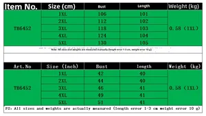 Detailed size chart for elegant plus size dress showing measurements from 1XL to 5XL sizes