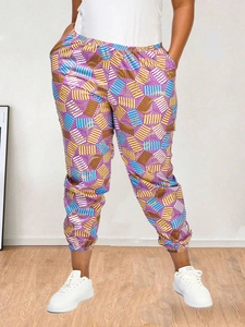 Women Plus Size Geometric Print Jogger Pants Elastic Waist Comfortable Loose Tapered Trousers Casual Sporty Sweatpants