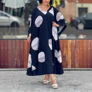 Women Plus Size V Neck Polka Dot Striped Batwing Sleeve Maxi Dress Oversized Casual Loose Kaftan Long Dress Fashion Outfits