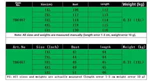 Tableau des tailles pour robe imprimée grande taille du 1XL au 5XL avec mesures en cm et pouces