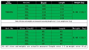 Size chart showing bust and length measurements in cm and inches for plus size dresses