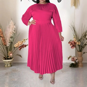 Plus Size Rose Red Pleated Maxi Dress For Women Elegant Long Sleeve Round Neck Waist Slimming Solid Color Commuter Long Dress