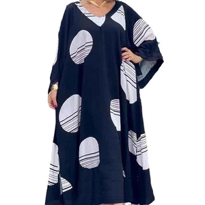 Women's V-neck plus size loose kaftan dress with large black and white geometric polka dots