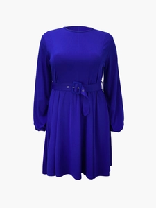 Detailed view of royal blue long sleeve dress featuring an elegant belted waist and round neck