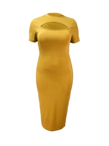 Detail of mustard yellow ribbed knit dress featuring a chest cut-out and high neckline