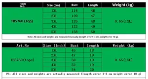 Size chart for plus size long sleeve cropped top set showing measurements in cm and inches
