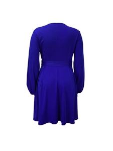 Rear view of royal blue long sleeve midi dress with waist belt and pleated A-line skirt