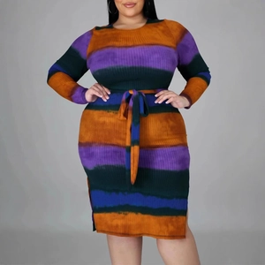 Women Plus Size Long Sleeve Tie-Dye Striped Midi Dress Crew Neck Ribbed Knit Bodycon Dress With Belt Side Slit Elegant Casual