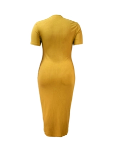 Detailed back view of a yellow ribbed knit midi dress with short sleeves and round neck