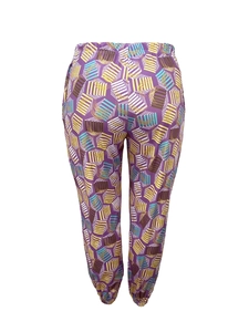 Detail view of purple joggers featuring geometric print with elastic waist and ankle cuffs