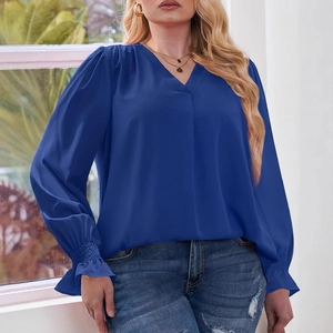 Women Plus Size V Neck Long Sleeve Top Casual Solid Color Smocked Cuffs Pleated Back Loose Blouse Shirts For Daily Wear Fashion