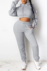 Close-up of light gray two-piece tracksuit featuring a cropped hoodie and jogger pants