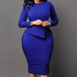Elegant royal blue long sleeve bodycon dress with flattering waist ruffle detail