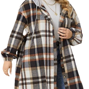 Women's plaid longline hooded shacket featuring a button-down front and brown check pattern