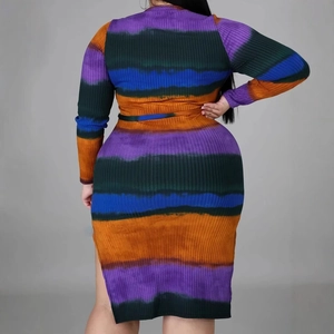 Women's multi-color tie-dye knit long sleeve bodycon dress with vertical ribbing
