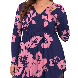 Women's V-neck long sleeve floral top with navy base, pink leaves, and pleated waist