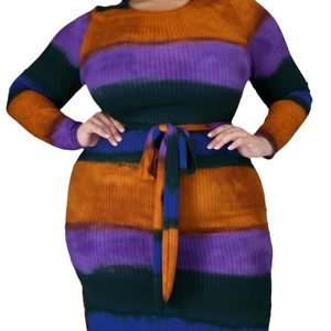 Plus size long sleeve ribbed knit dress with colorful tie dye stripes and waist tie