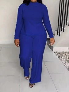 Women Plus Size Top And Bottom Polyester Mock Neck Long Sleeve Solid Color Wide Leg Pants Casual Simple Commuting Outfit