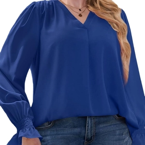 Deep blue V-neck long sleeve blouse for women with ruffled elastic cuffs in casual style