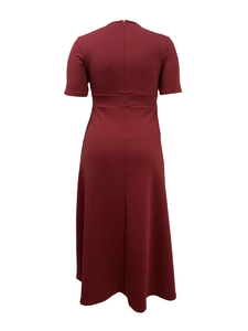 Detail view of the back of a dark red short sleeve dress with invisible zipper and waist seam