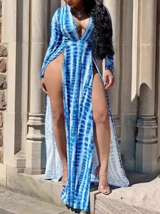 Plus Size Women Sexy Deep V-Neck Long Sleeve Tie-Dye Maxi Dress Polyester High Side Slit Bodycon Vacation Party Dress
