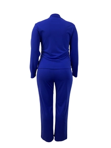 Detail view of the navy blue long-sleeve crewneck top and pants set from the back