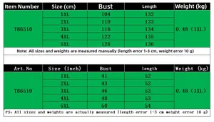 Size chart for cross-neck long dress TB6510 in metric and imperial units 1XL-5XL