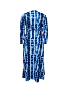 Detail of blue and white tie-dye maxi dress with long sleeves and high waist design