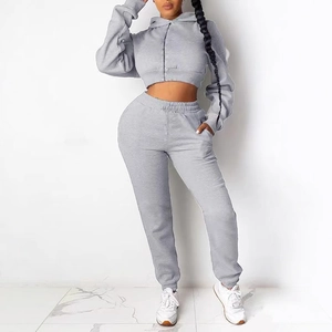 Plus Size Women Hooded Crop Top And Sweatpants Light Gray Long Sleeve Streetwear Sporty Top And Bottom Casual Tracksuit
