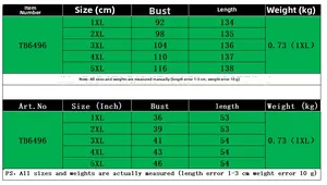 Detailed size chart for plus size solid cape dress showing measurements in cm and inches