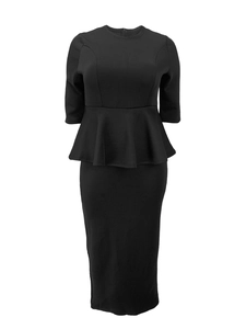 Detail of elegant black peplum dress with elbow sleeves and a slim pencil skirt silhouette