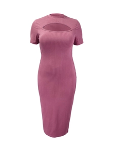 Detail of slim-fit ribbed knit dress featuring a chest cutout and crew neck in dusty pink