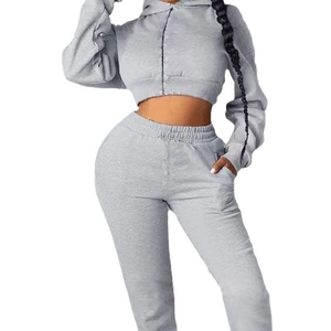 Women's grey two-piece tracksuit with cropped zip hoodie and matching high waist joggers