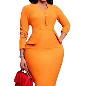 Elegant bright orange long sleeve peplum top and pencil skirt two-piece suit with gold buttons