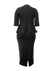 Detail of elegant black bodycon dress featuring mid-sleeves and peplum waist with back zipper