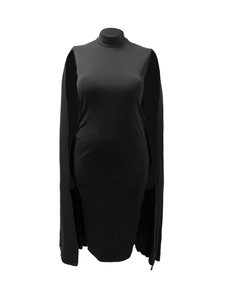 Detail of elegant cape sleeve design and smooth black knit fabric on midi dress