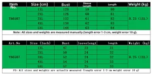 Size chart for plus size printed shirt TB6507 with CM and Inch units for 1XL to 5XL