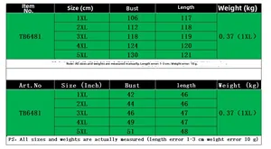 Size chart for solid color plus size dress TB6481 showing 1XL to 5XL measurements