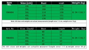 Größentabelle für lässiges Kleid in Übergröße mit Maßen in cm und Zoll für 1XL bis 5XL