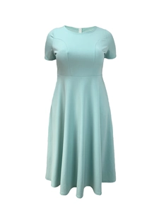 Close-up of elegant light blue short sleeve dress showing round neck and waist detail