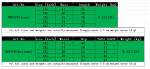 Detailed size chart for women plus size printed set with inch and cm measurements