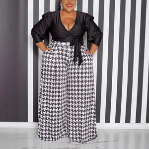 Pantalon Large Pied De Poule Grandes Tailles Femmes Taille Haute Élastique Décontracté Pantalon Droit Élégant Mode