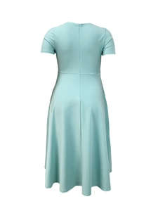 Detail view of the back seams and waist design on this mint green short sleeve dress