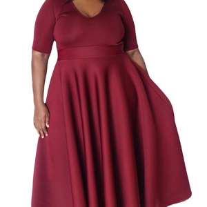 Elegant plus size high waist V-neck dress in deep wine red with A-line skirt